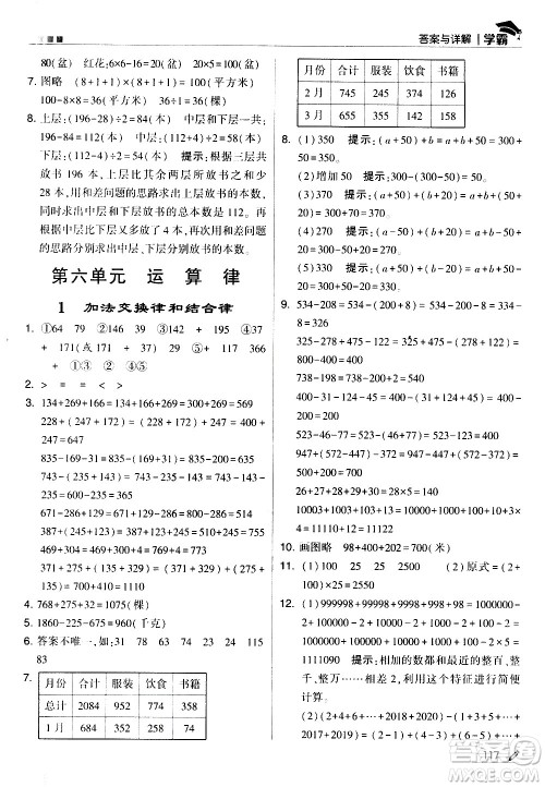 甘肃少年儿童出版社2021春经纶学典学霸数学四年级下苏教版答案