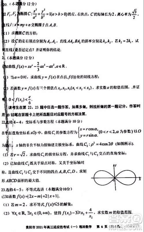 贵阳市铜仁市2021年高三适应性考试一理科数学试题及答案