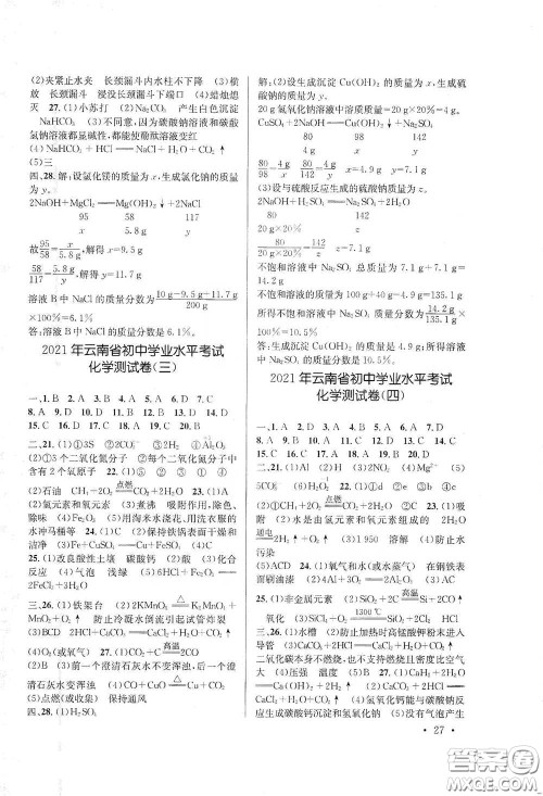 云南大学出版社2021金考点云南省初中学业水平考试总复习及测试化学答案