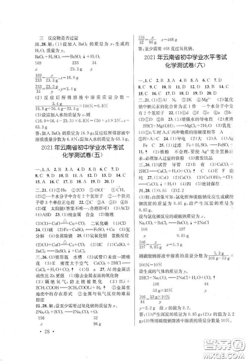 云南大学出版社2021金考点云南省初中学业水平考试总复习及测试化学答案