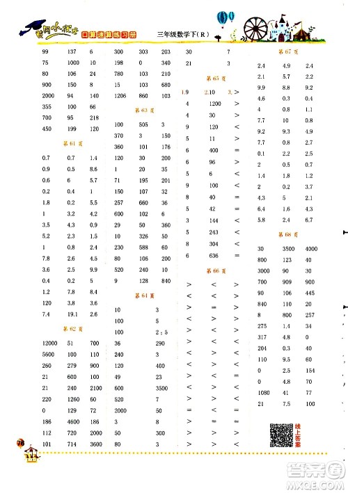 龙门书局2021黄冈小状元口算速算练习册三年级数学下册人教版答案