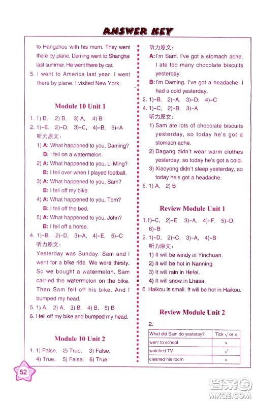 外语教学与研究出版社2021小学英语同步练习册三年级起点四年级下册河南专版答案