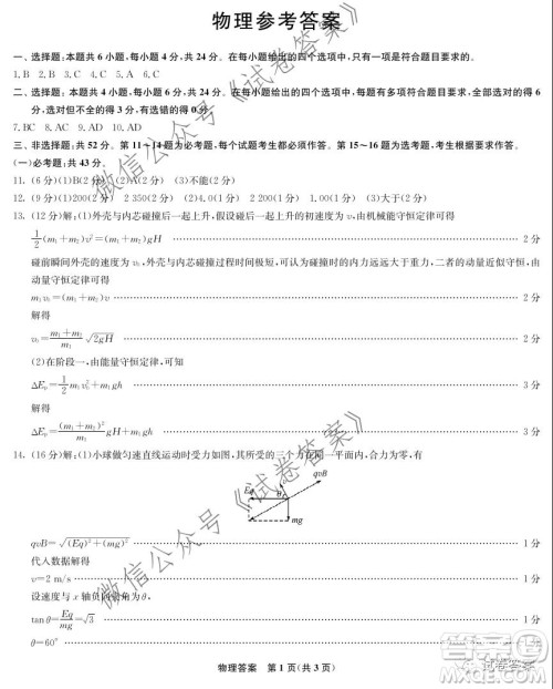 河北省2021届高三第二次诊断考试物理试题及答案