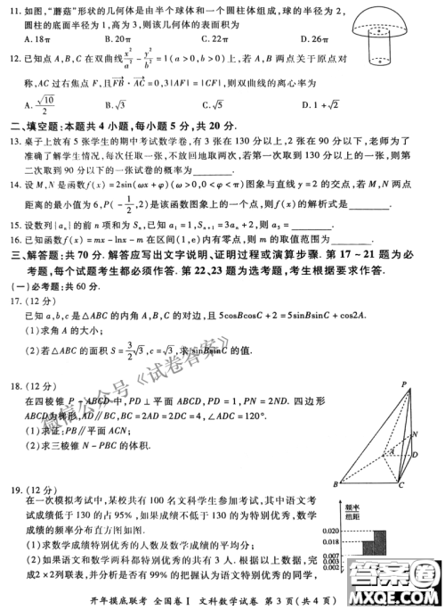 百师联盟2021届高三开年摸底联考全国卷I文科数学试卷及答案