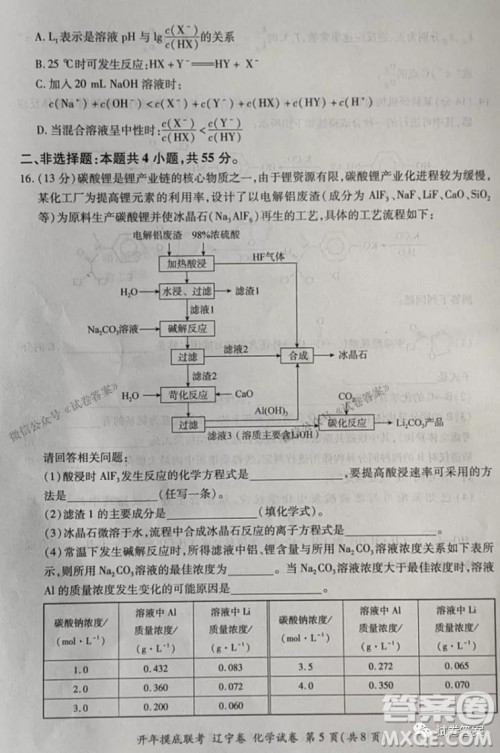 百师联盟2021届高三开年摸底联考辽宁卷化学试卷及答案