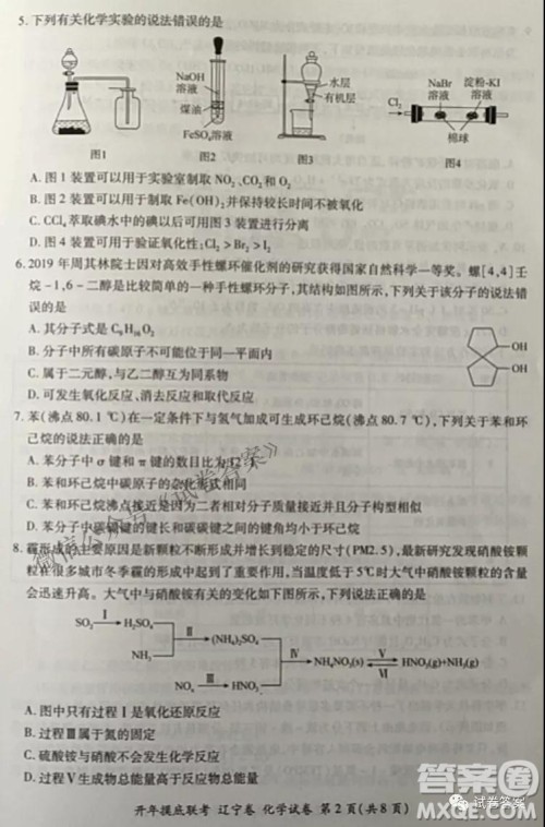 百师联盟2021届高三开年摸底联考辽宁卷化学试卷及答案