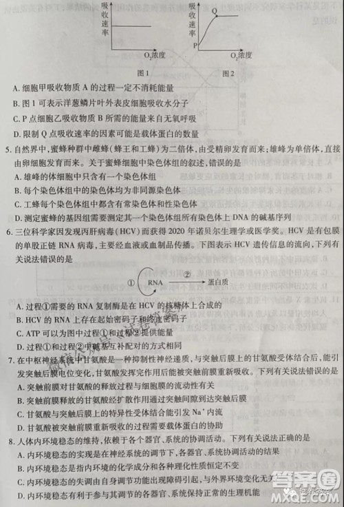 百师联盟2021届高三开年摸底联考辽宁卷生物试卷及答案