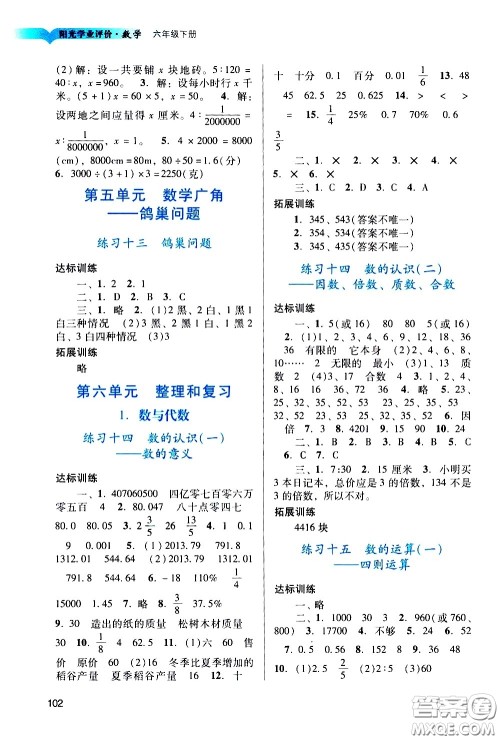 广州出版社2021阳光学业评价数学六年级下册人教版答案