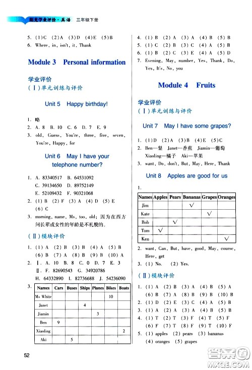 广州出版社2021阳光学业评价英语三年级下册教科版答案