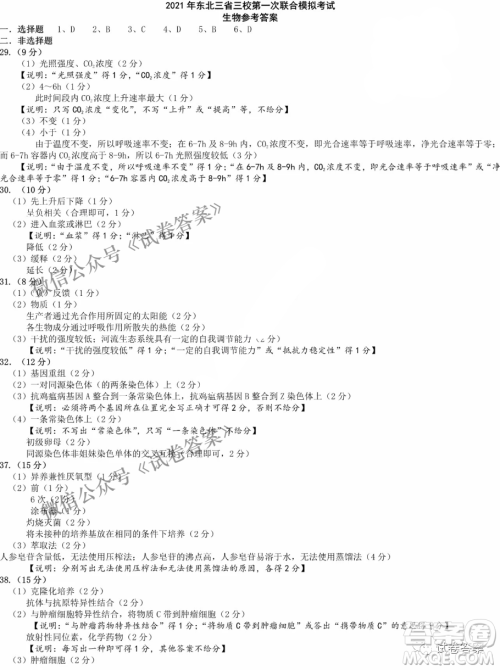 东北三省三校2021年高三第一次联合模拟考试理科综合试题及答案 东北三省三校2021年高三第一次联合模拟考试理科综合试题及答案