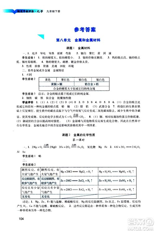 广州出版社2021阳光学业评价化学九年级下册人教版答案 广州出版社2021阳光学业评价化学九年级下册人教版答案