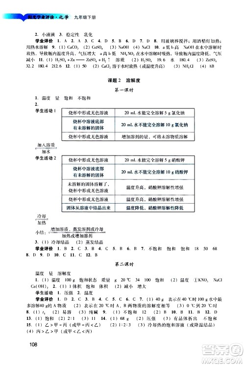 广州出版社2021阳光学业评价化学九年级下册人教版答案 广州出版社2021阳光学业评价化学九年级下册人教版答案