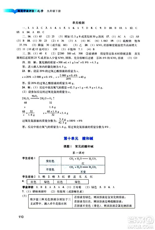 广州出版社2021阳光学业评价化学九年级下册人教版答案 广州出版社2021阳光学业评价化学九年级下册人教版答案
