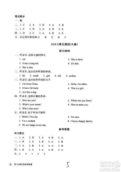浙江教育出版社2021新编单元能力训练卷英语三年级下册人教版答案