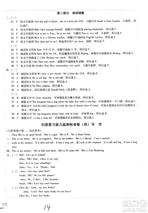 云南教育出版社2021小学能力监测标准卷英语三年级下册人教版答案