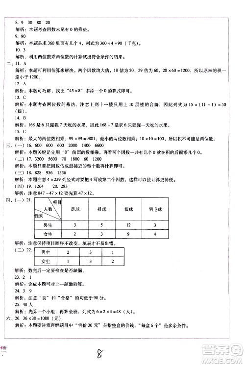 云南教育出版社2021小学能力监测标准卷数学三年级下册人教版答案