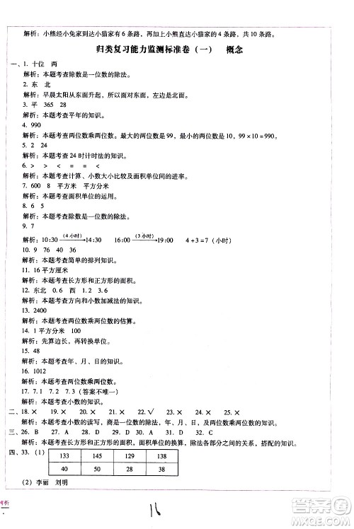 云南教育出版社2021小学能力监测标准卷数学三年级下册人教版答案