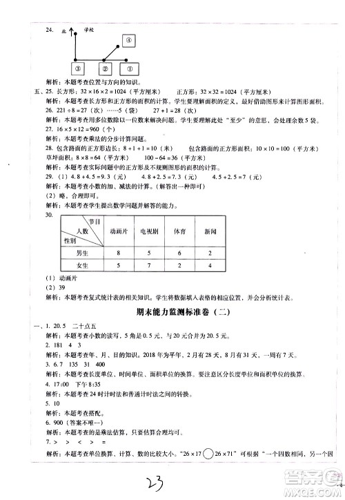云南教育出版社2021小学能力监测标准卷数学三年级下册人教版答案