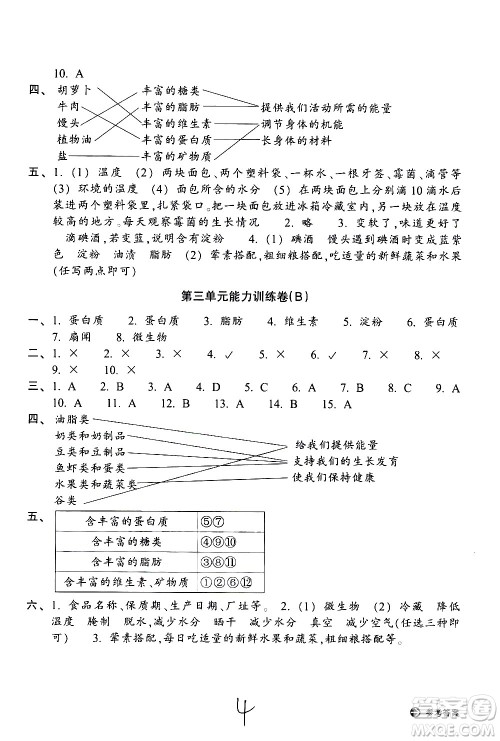 浙江教育出版社2021新编单元能力训练卷科学四年级下册教科版答案