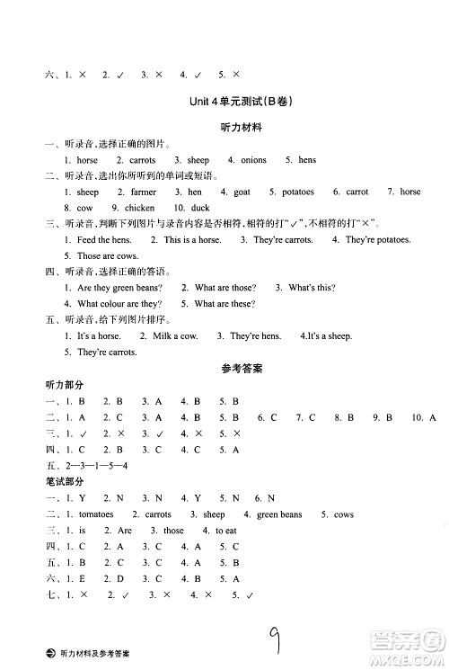 浙江教育出版社2021新编单元能力训练卷英语四年级下册人教版答案