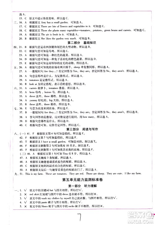 云南教育出版社2021小学能力监测标准卷英语四年级下册人教版答案