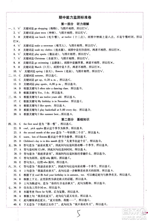 云南教育出版社2021小学能力监测标准卷英语五年级下册人教版答案