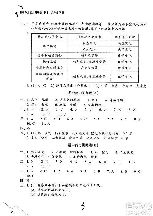 浙江教育出版社2021新编单元能力训练卷科学六年级下册教科版答案