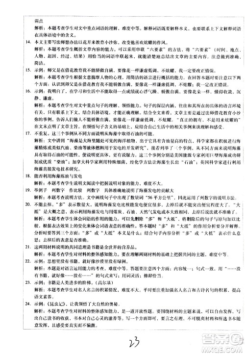 云南教育出版社2021小学能力监测标准卷语文六年级下册人教版答案