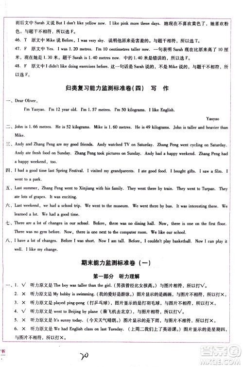 云南教育出版社2021小学能力监测标准卷英语六年级下册人教版答案 云南教育出版社2021小学能力监测标准卷英语六年级下册人教版答案