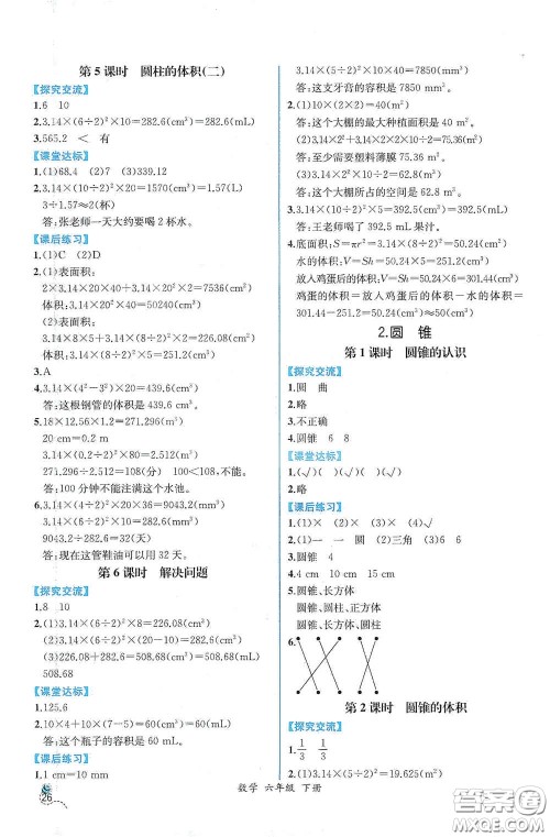 人民教育出版社2021同步导学案课时练六年级数学下册人教版答案