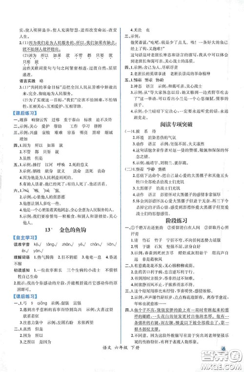 人民教育出版社2021同步导学案课时练六年级语文下册人教版答案