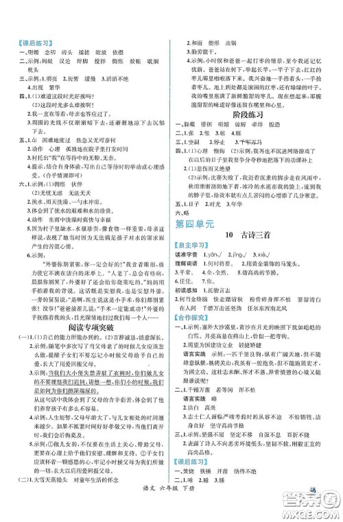 人民教育出版社2021同步导学案课时练六年级语文下册人教版答案