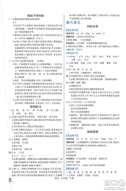 人民教育出版社2021同步导学案课时练六年级语文下册人教版答案
