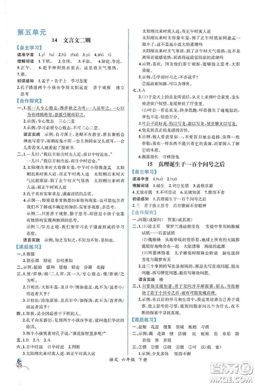 人民教育出版社2021同步导学案课时练六年级语文下册人教版答案