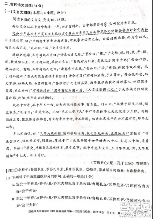 新疆维吾尔自治区2021年普通高考第一次适应性检测语文试题及答案