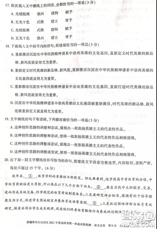 新疆维吾尔自治区2021年普通高考第一次适应性检测语文试题及答案
