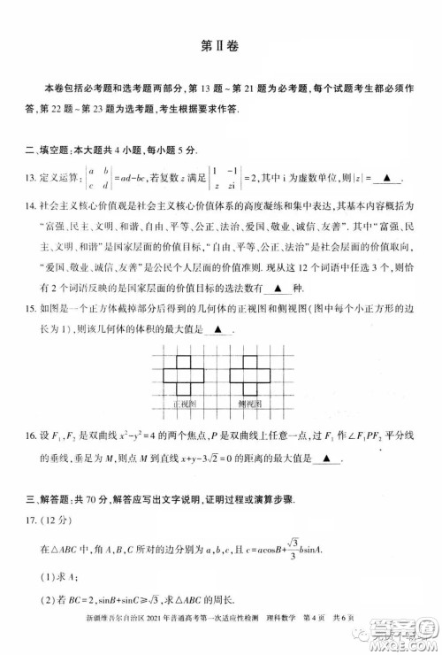 新疆维吾尔自治区2021年普通高考第一次适应性检测理科数学试题及答案 新疆维吾尔自治区2021年普通高考第一次适应性检测理科数学试题及答案