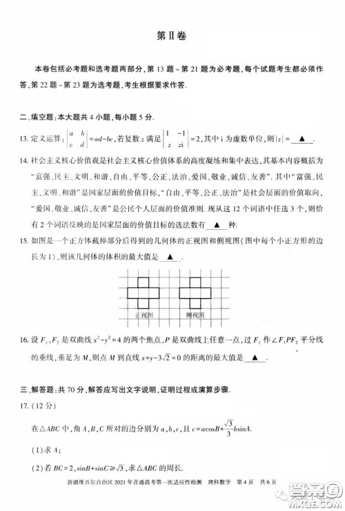 新疆维吾尔自治区2021年普通高考第一次适应性检测理科数学试题及答案