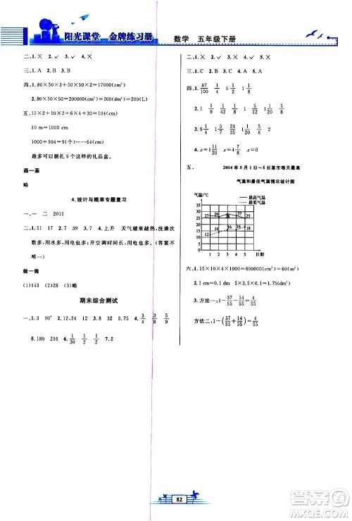 人民教育出版社2021阳光课堂金牌练习册数学五年级下册人教版答案