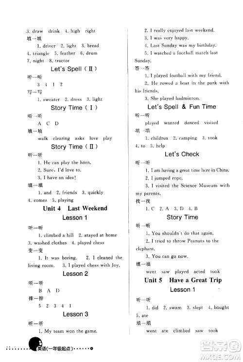 人民教育出版社2021英语配套练习与检测一年级起点五年级下册人教版答案