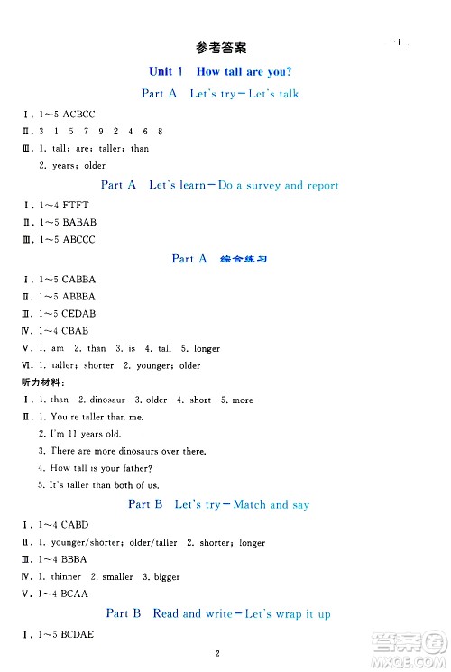 人民教育出版社2021同步轻松练习英语六年级下册人教版答案