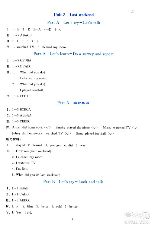 人民教育出版社2021同步轻松练习英语六年级下册人教版答案