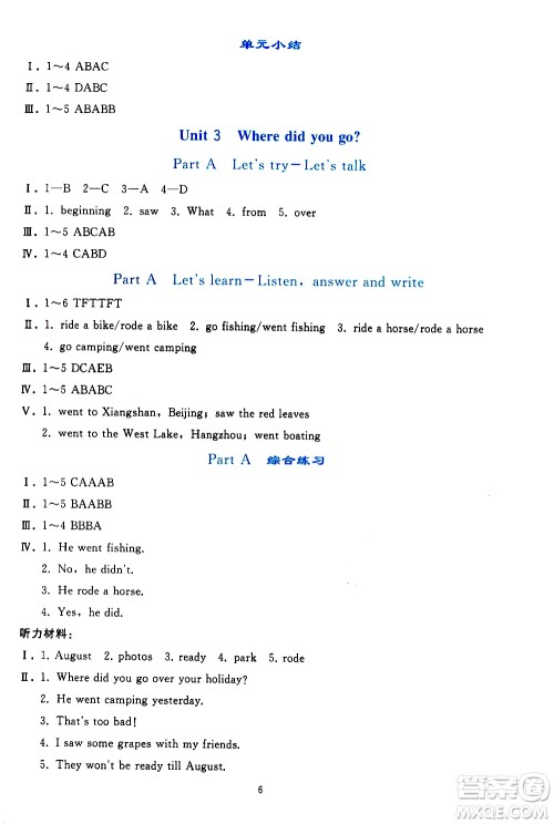 人民教育出版社2021同步轻松练习英语六年级下册人教版答案