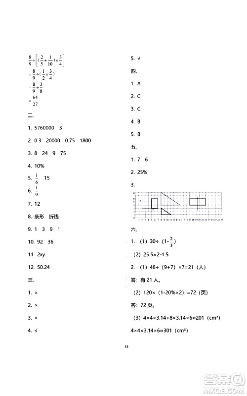 江苏凤凰教育出版社2021练习与测试检测卷小学数学六年级下册苏教版答案