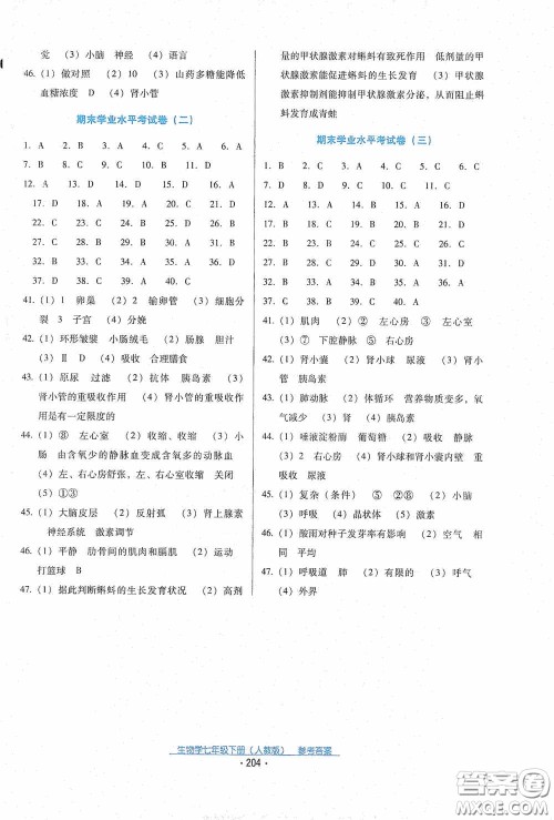 云南教育出版社2021云南省标准教辅优佳学案七年级生物学下册人教版答案