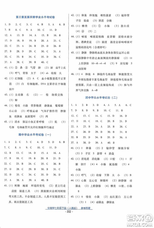 云南教育出版社2021云南省标准教辅优佳学案七年级生物学下册人教版答案