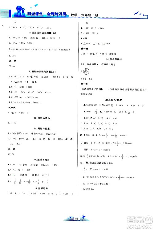 人民教育出版社2021阳光课堂金牌练习册数学六年级下册人教版答案