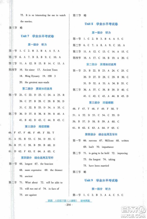 云南教育出版社2021云南省标准教辅优佳学案八年级英语下册人教版答案