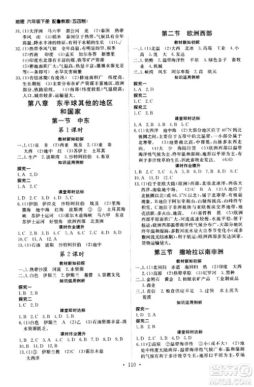 山东人民出版社2021初中同步练习册地理五四制六年级下册鲁教版答案