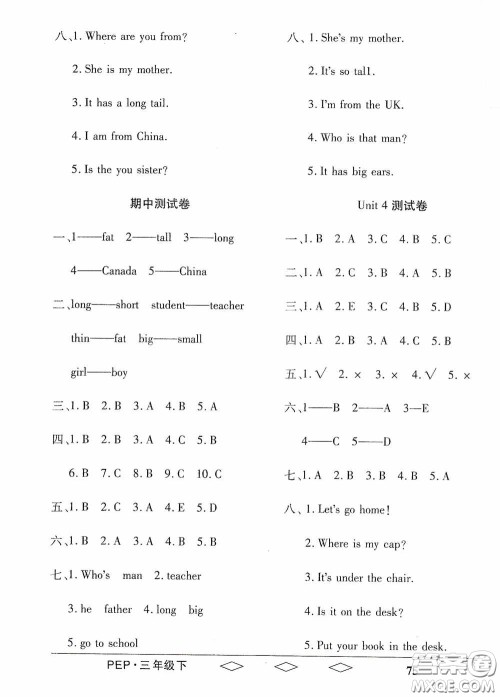 黑龙江美术出版社2021全优生单元与期末三年级英语下册人教版答案 黑龙江美术出版社2021全优生单元与期末三年级英语下册人教版答案